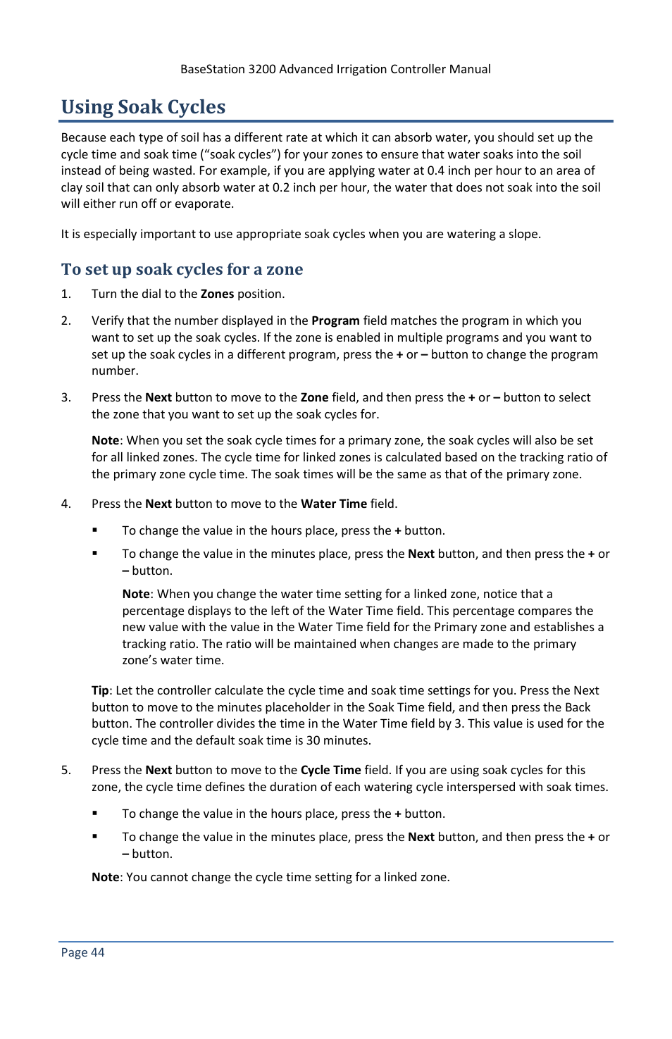 Using soak cycles, To set up soak cycles for a zone | Baseline Systems BaseStation 3200 V12 User Manual | Page 50 / 122