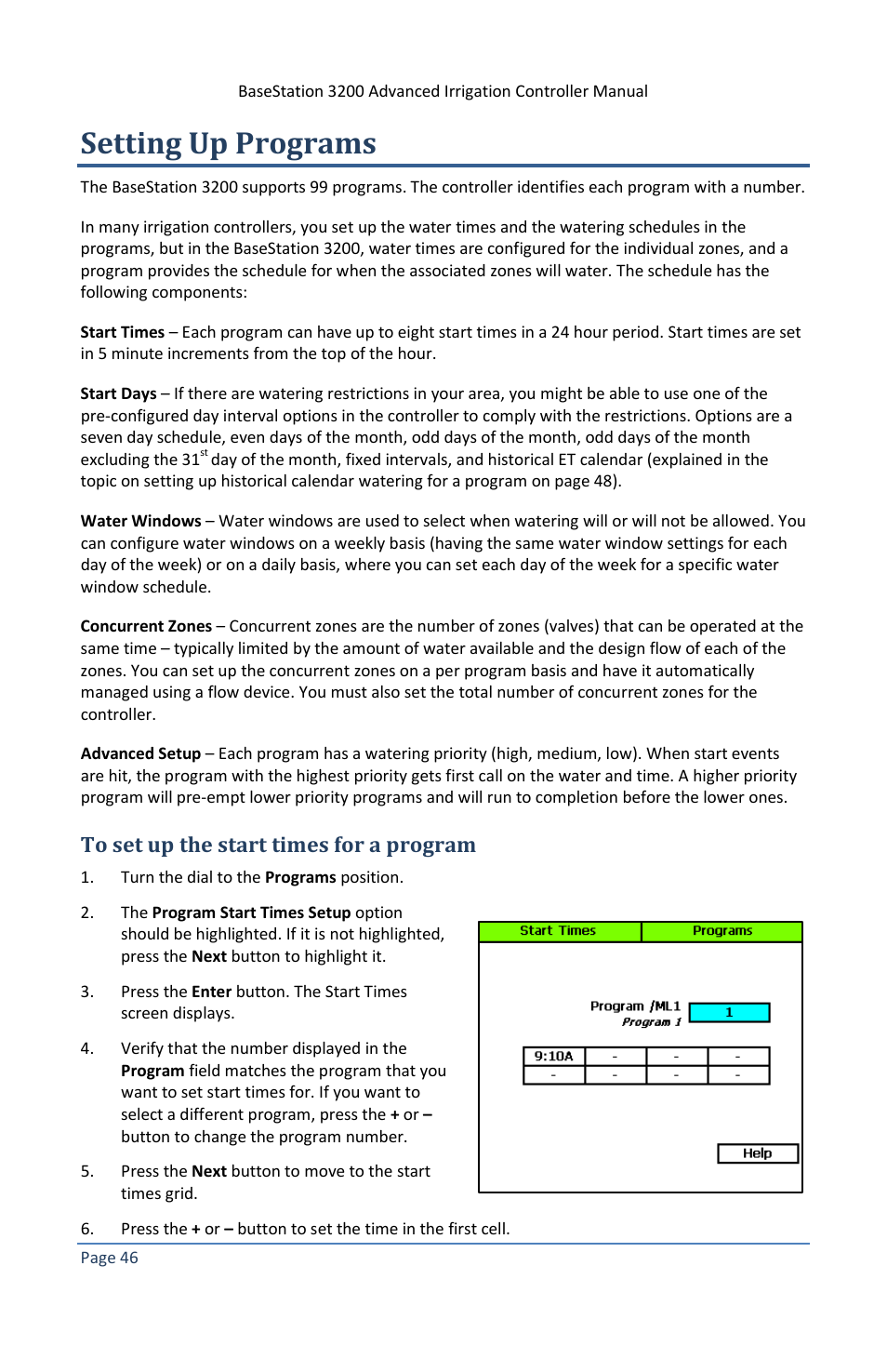 Setting up programs, To set up the start times for a program | Baseline Systems BaseStation 3200 V12 User Manual | Page 52 / 122