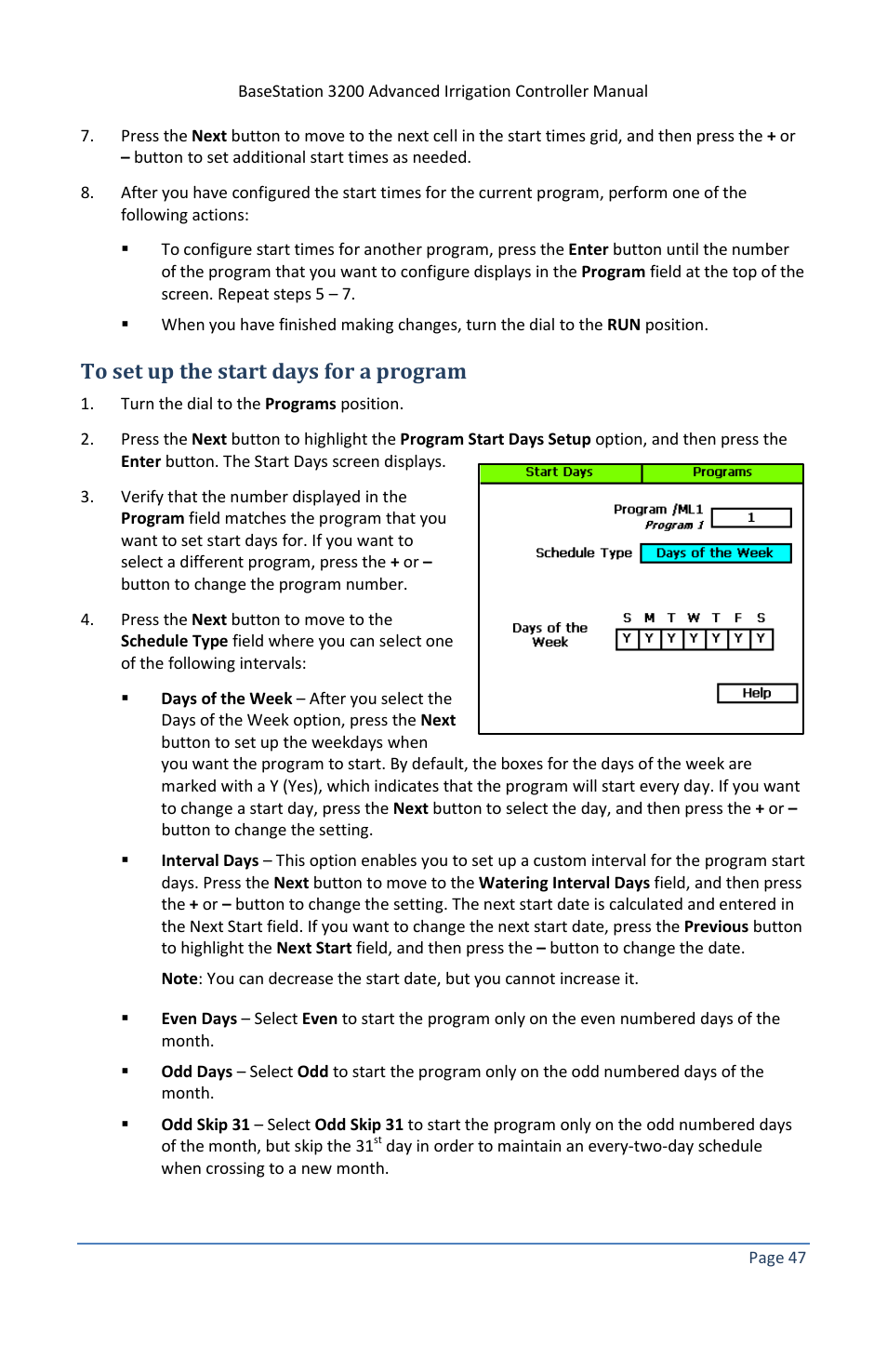 To set up the start days for a program | Baseline Systems BaseStation 3200 V12 User Manual | Page 53 / 122