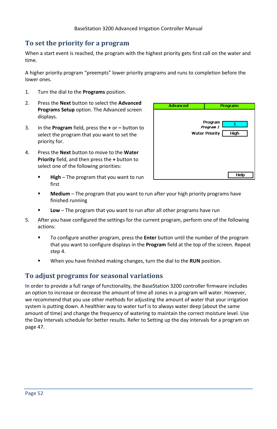 To set the priority for a program, To adjust programs for seasonal variations | Baseline Systems BaseStation 3200 V12 User Manual | Page 58 / 122
