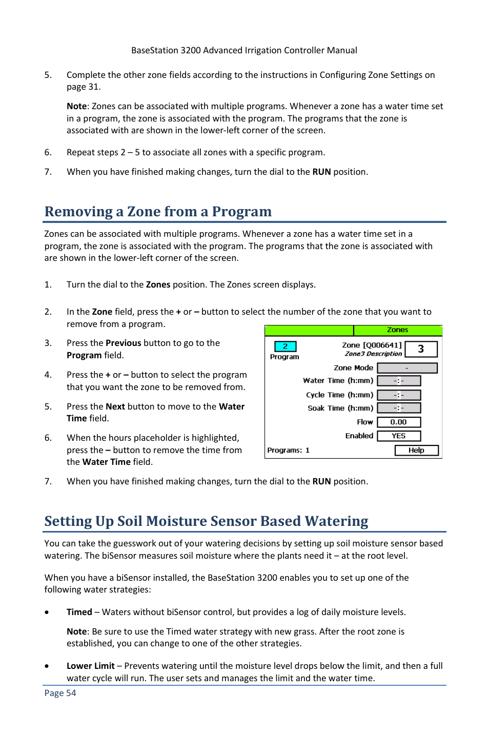 Removing a zone from a program, Setting up soil moisture sensor based watering | Baseline Systems BaseStation 3200 V12 User Manual | Page 60 / 122