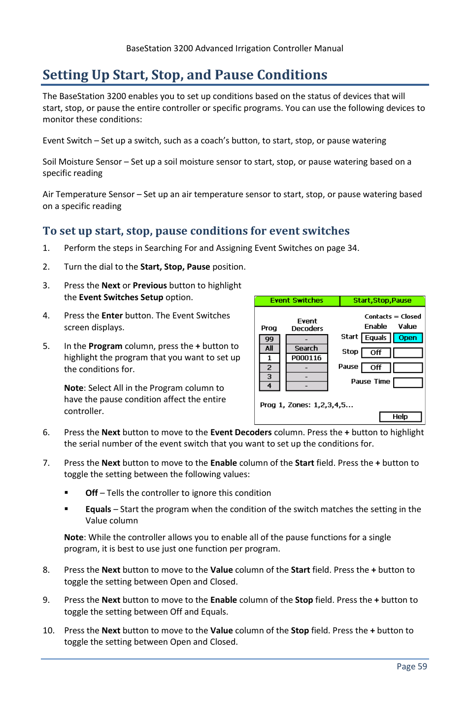 Setting up start, stop, and pause conditions | Baseline Systems BaseStation 3200 V12 User Manual | Page 65 / 122