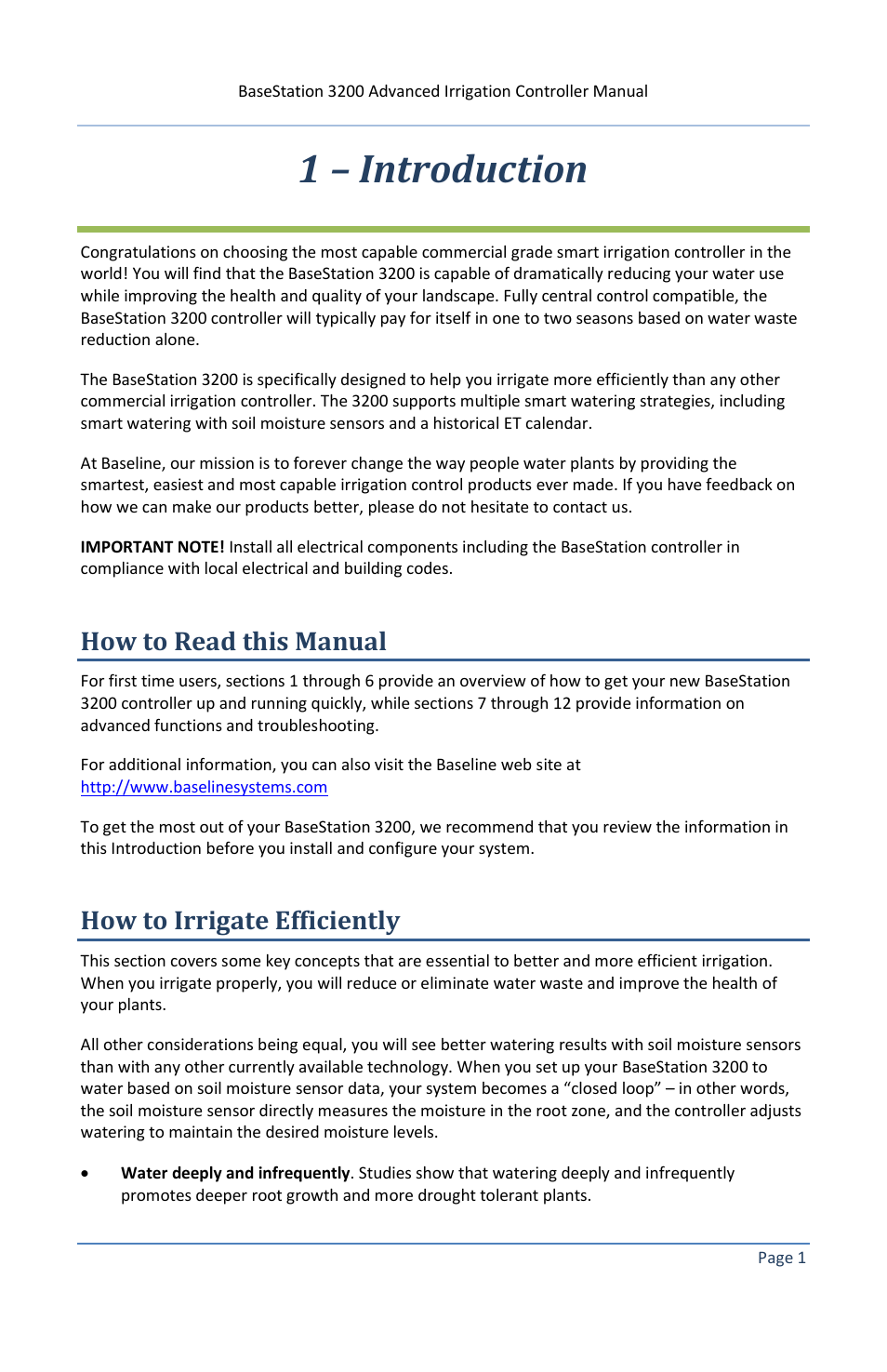 1 – introduction, How to read this manual, How to irrigate efficiently | Baseline Systems BaseStation 3200 V12 User Manual | Page 7 / 122