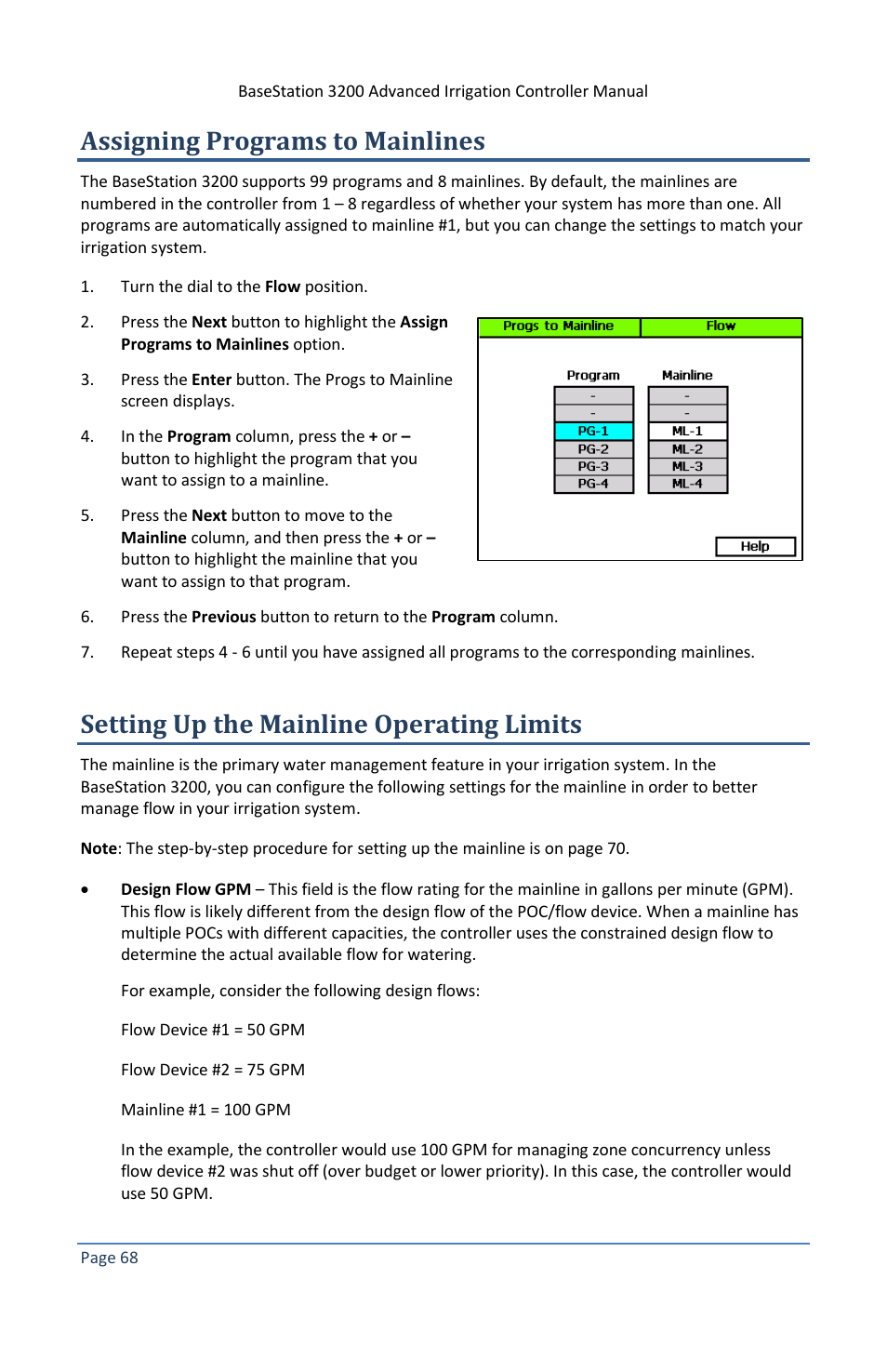 Assigning programs to mainlines, Setting up the mainline operating limits | Baseline Systems BaseStation 3200 V12 User Manual | Page 74 / 122
