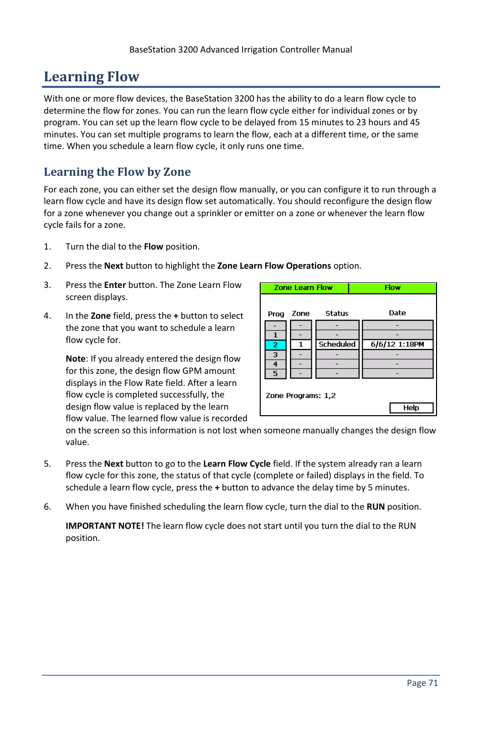 Learning flow, Learning the flow by zone | Baseline Systems BaseStation 3200 V12 User Manual | Page 77 / 122