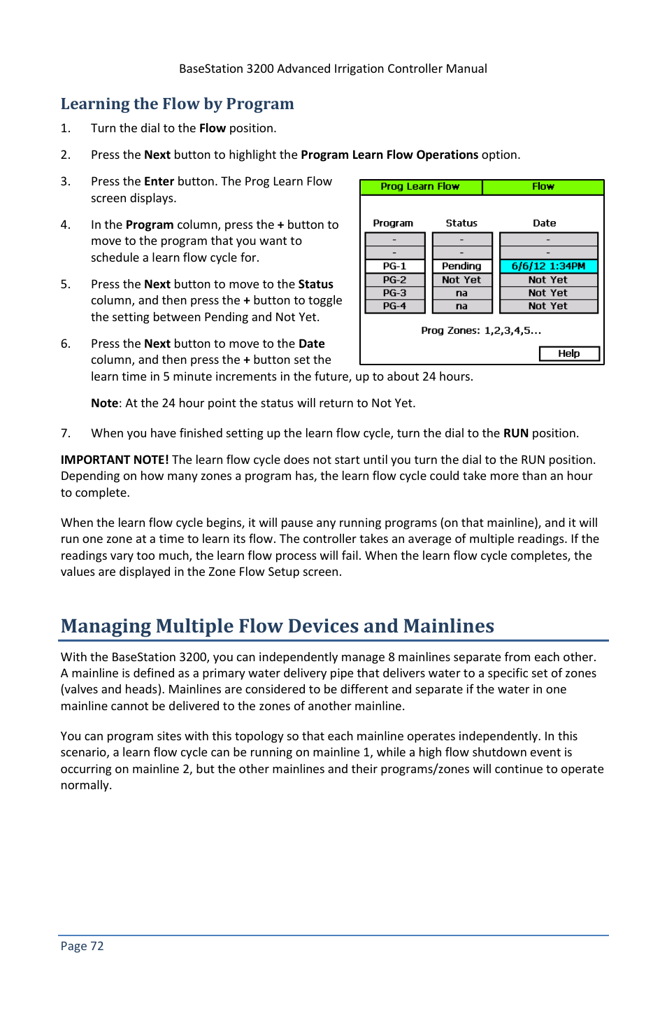 Learning the flow by program, Managing multiple flow devices and mainlines | Baseline Systems BaseStation 3200 V12 User Manual | Page 78 / 122