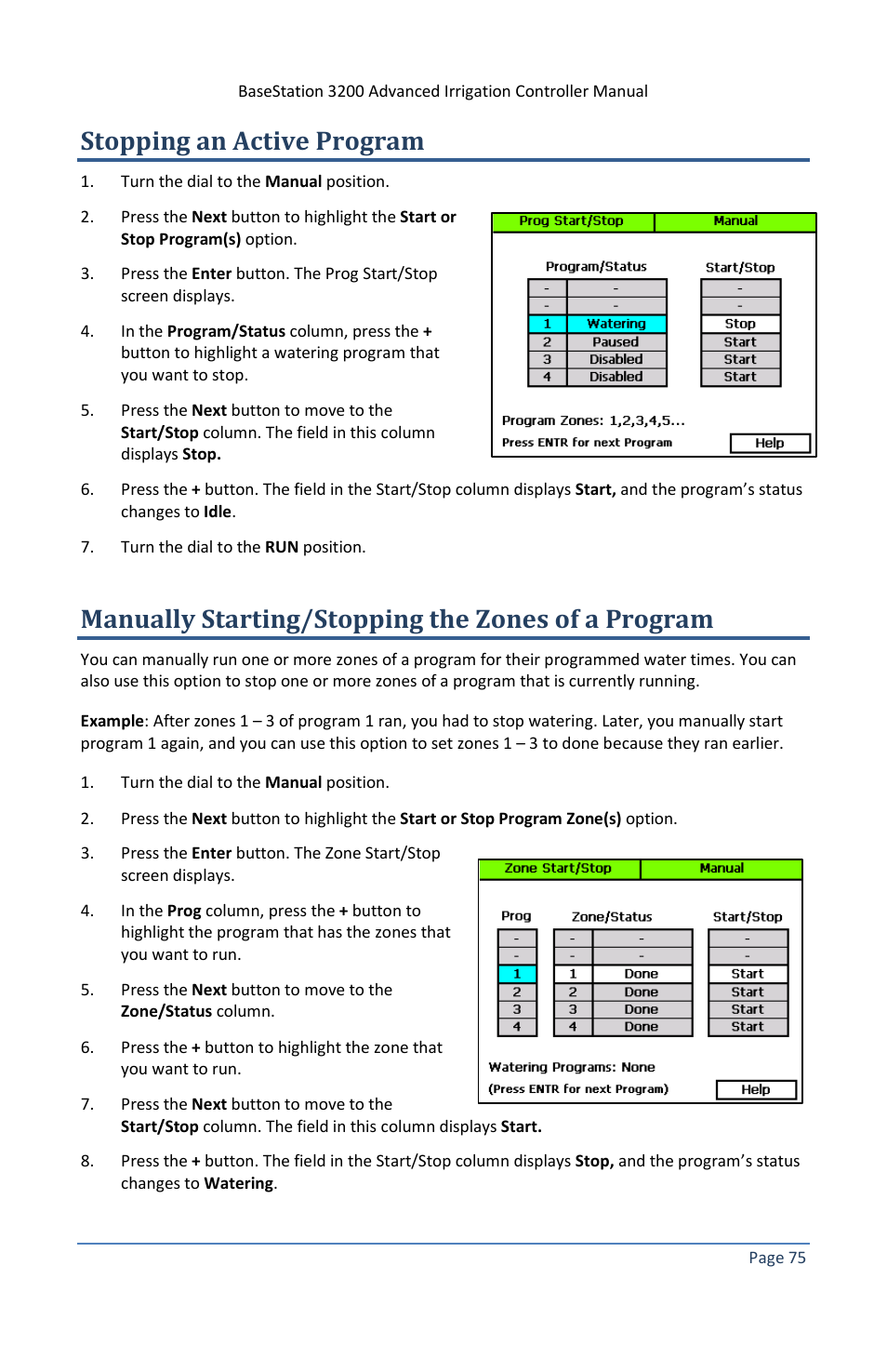 Stopping an active program, Manually starting/stopping the zones of a program | Baseline Systems BaseStation 3200 V12 User Manual | Page 81 / 122