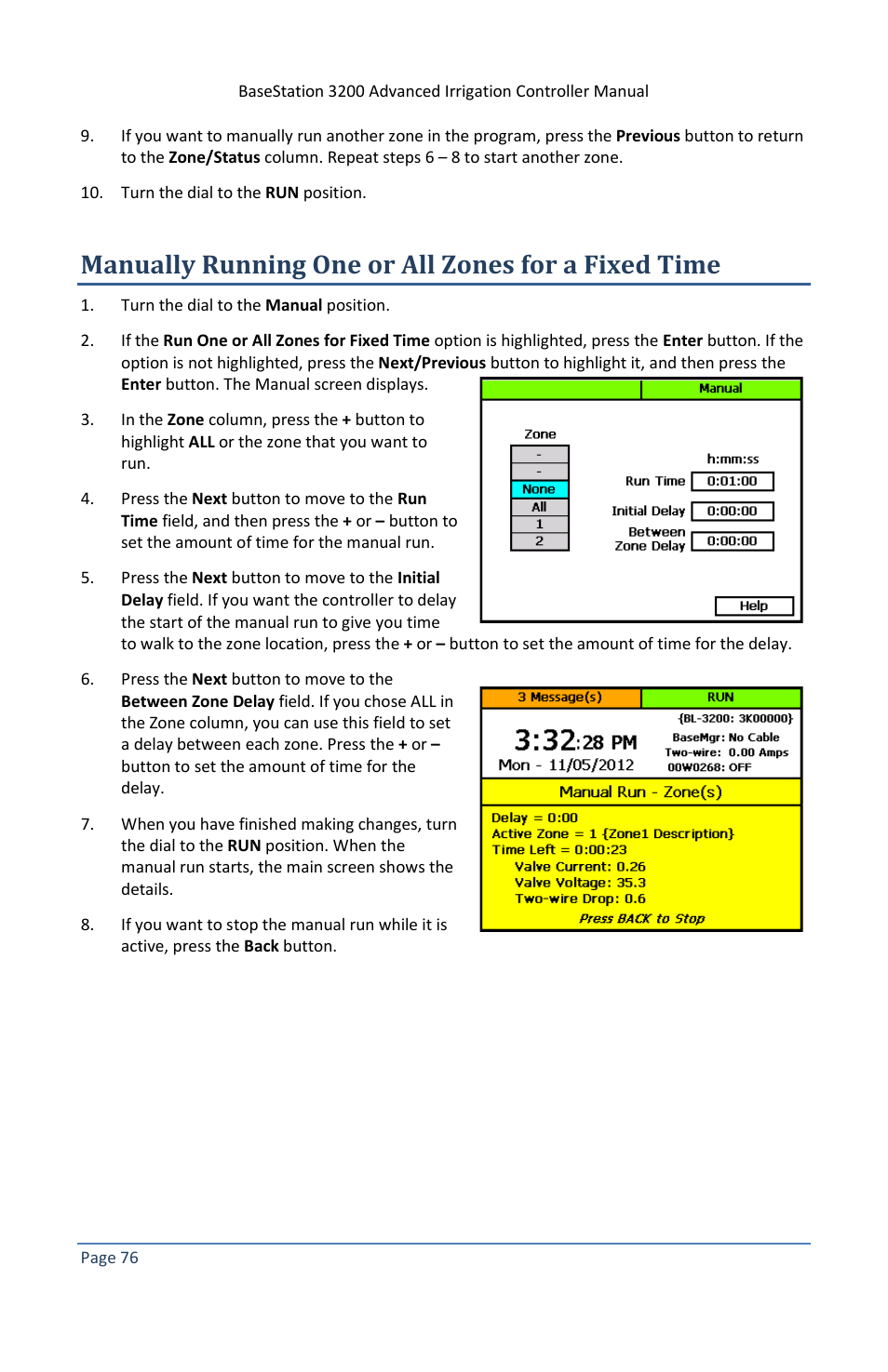 Manually running one or all zones for a fixed time | Baseline Systems BaseStation 3200 V12 User Manual | Page 82 / 122