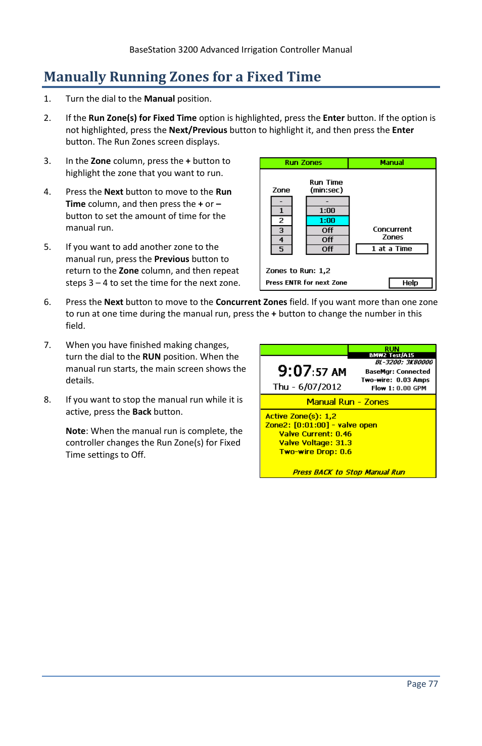 Manually running zones for a fixed time | Baseline Systems BaseStation 3200 V12 User Manual | Page 83 / 122