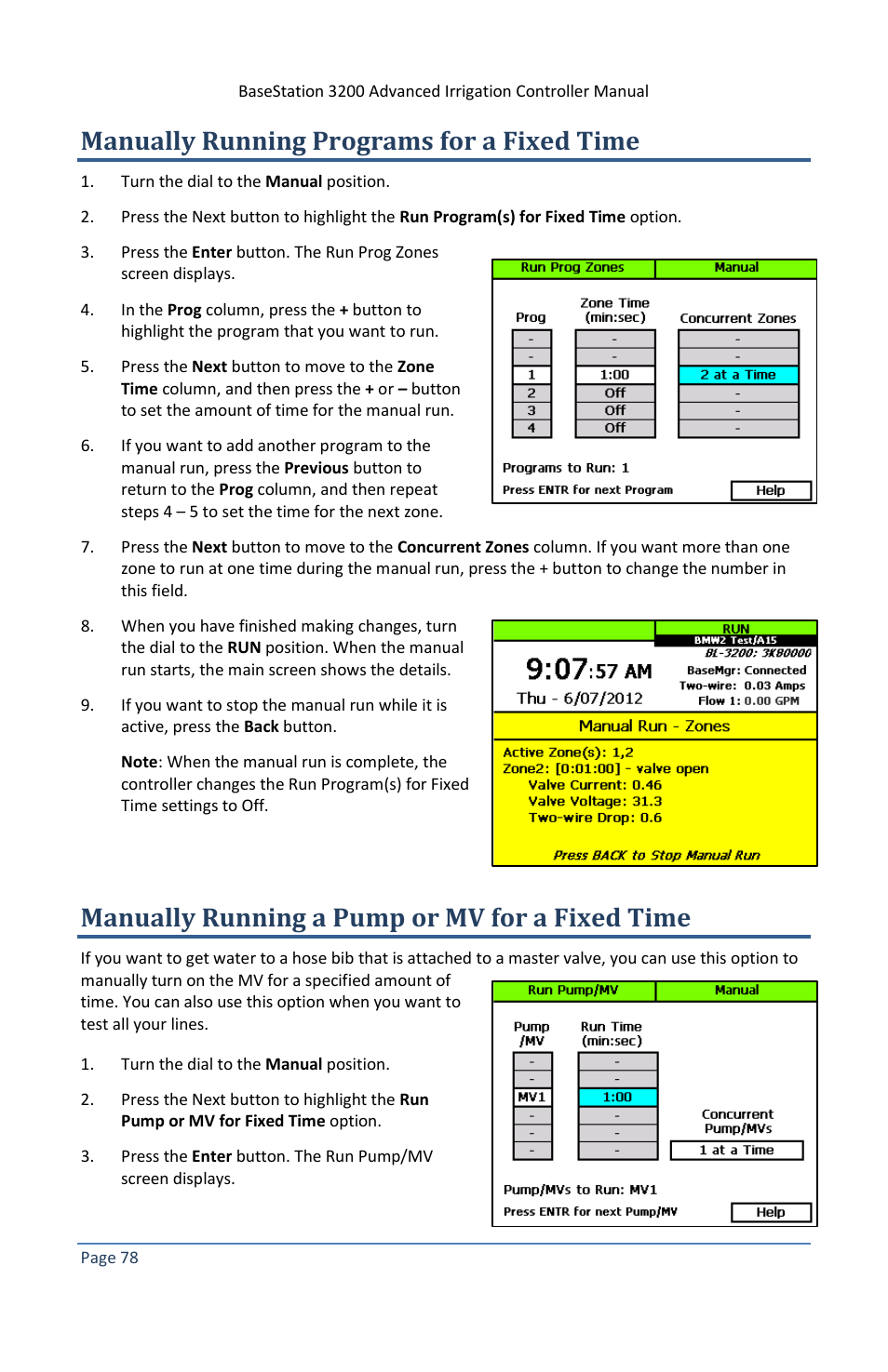 Manually running programs for a fixed time, Manually running a pump or mv for a fixed time | Baseline Systems BaseStation 3200 V12 User Manual | Page 84 / 122