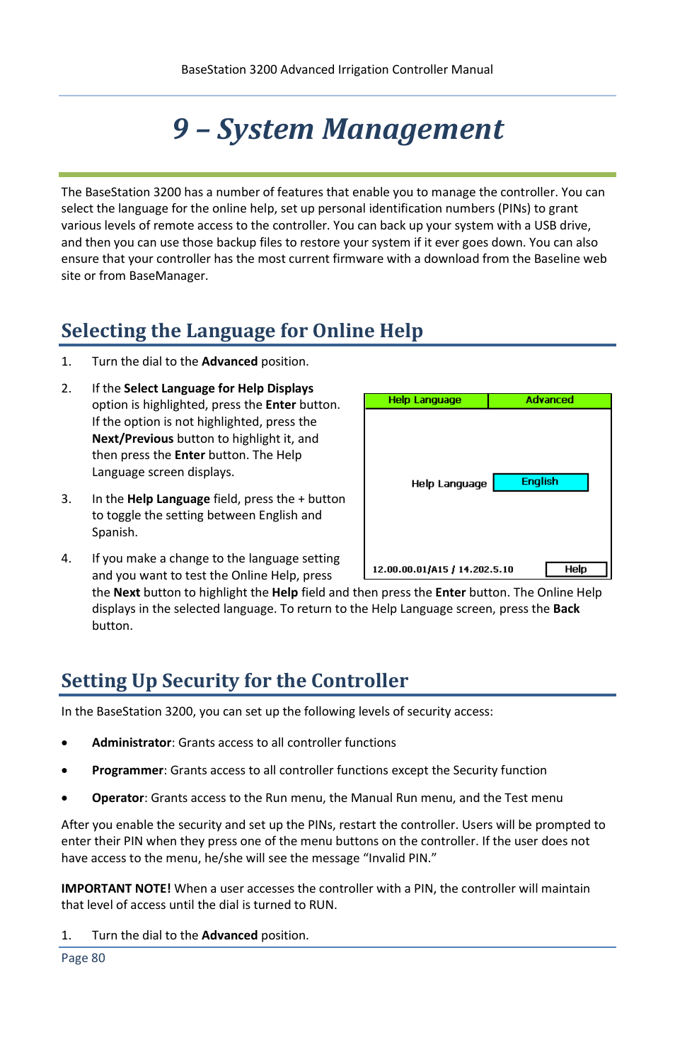 9 – system management, Selecting the language for online help, Setting up security for the controller | Baseline Systems BaseStation 3200 V12 User Manual | Page 86 / 122