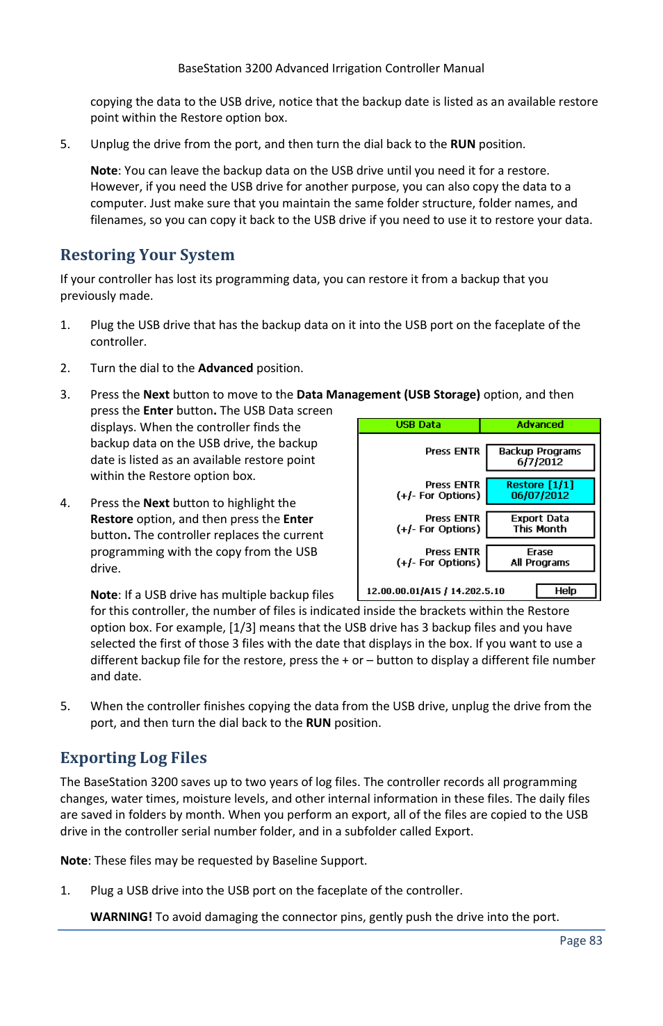 Restoring your system, Exporting log files | Baseline Systems BaseStation 3200 V12 User Manual | Page 89 / 122