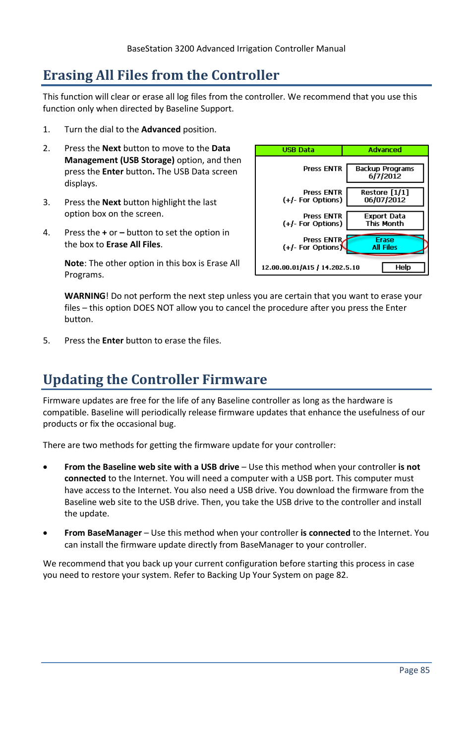 Erasing all files from the controller, Updating the controller firmware | Baseline Systems BaseStation 3200 V12 User Manual | Page 91 / 122