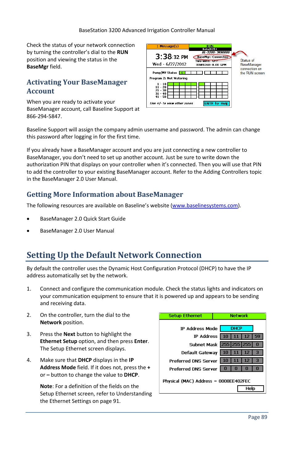 Activating your basemanager account, Getting more information about basemanager, Setting up the default network connection | Baseline Systems BaseStation 3200 V12 User Manual | Page 95 / 122