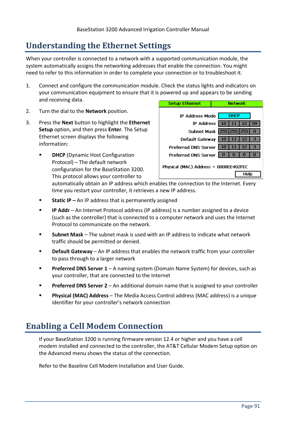 Understanding the ethernet settings, Enabling a cell modem connection | Baseline Systems BaseStation 3200 V12 User Manual | Page 97 / 122