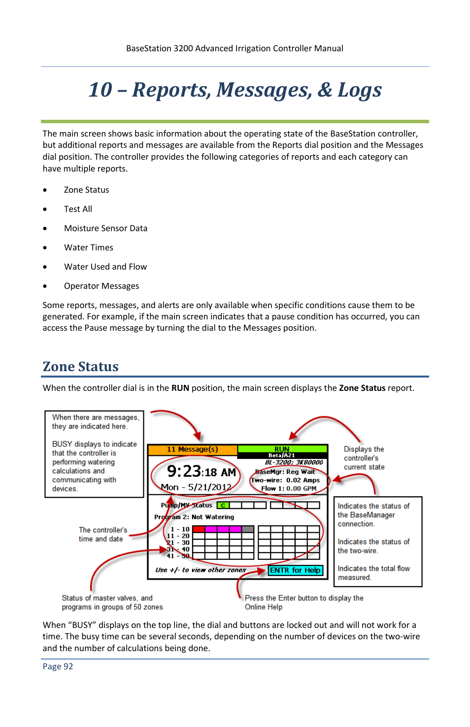 10 – reports, messages, & logs, Zone status | Baseline Systems BaseStation 3200 V12 User Manual | Page 98 / 122