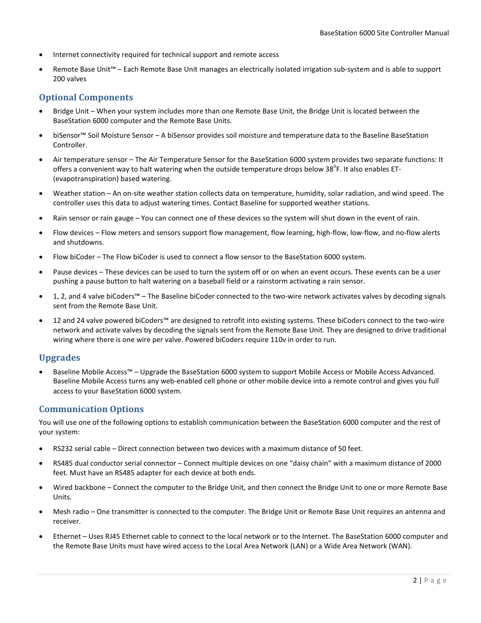 Optional components, Upgrades, Communication options | Baseline Systems BaseStation 6000 User Manual | Page 10 / 131