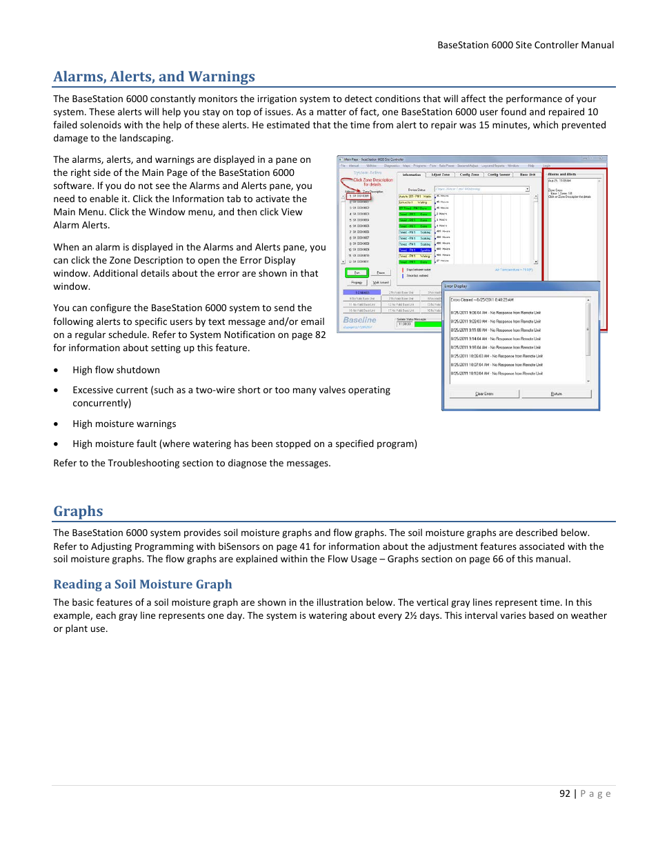 Alarms, alerts, and warnings, Graphs, Reading a soil moisture graph | E graphs s, E graphs, E 92 f, E 92, E 92 fo | Baseline Systems BaseStation 6000 User Manual | Page 100 / 131