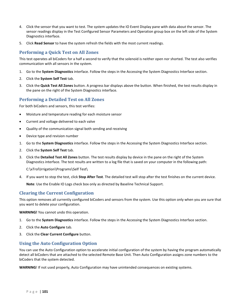 Performing a quick test on all zones, Performing a detailed test on all zones, Clearing the current configuration | Using the auto configuration option, Performing a quick test on all zones on, E 101 | Baseline Systems BaseStation 6000 User Manual | Page 109 / 131