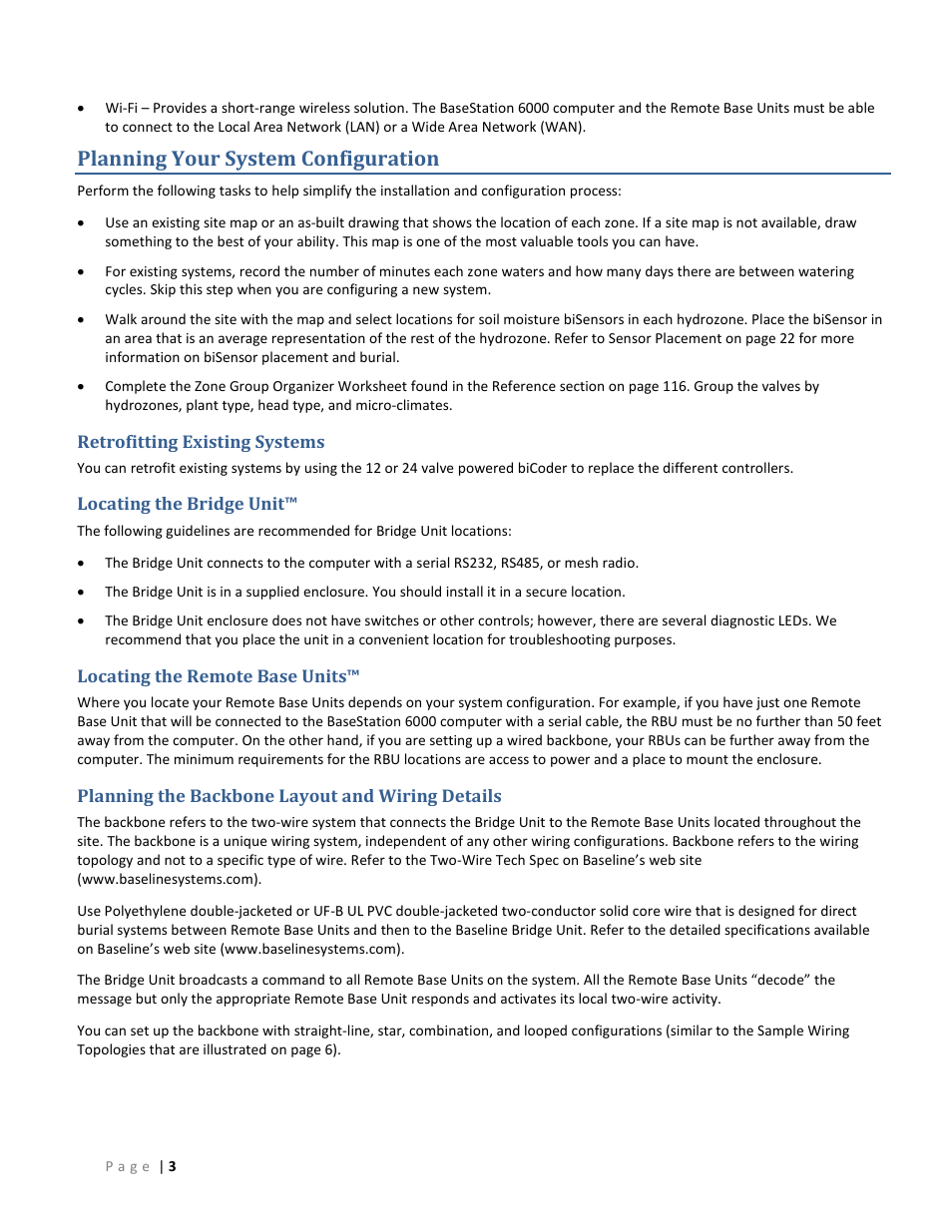 Planning your system configuration, Retrofitting existing systems, Locating the bridge unit | Locating the remote base units, Planning the backbone layout and wiring details | Baseline Systems BaseStation 6000 User Manual | Page 11 / 131