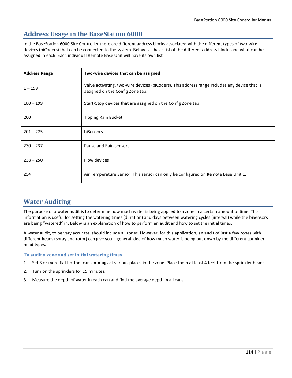 Address usage in the basestation 6000, Water auditing, To audit a zone and set initial watering times | Baseline Systems BaseStation 6000 User Manual | Page 122 / 131