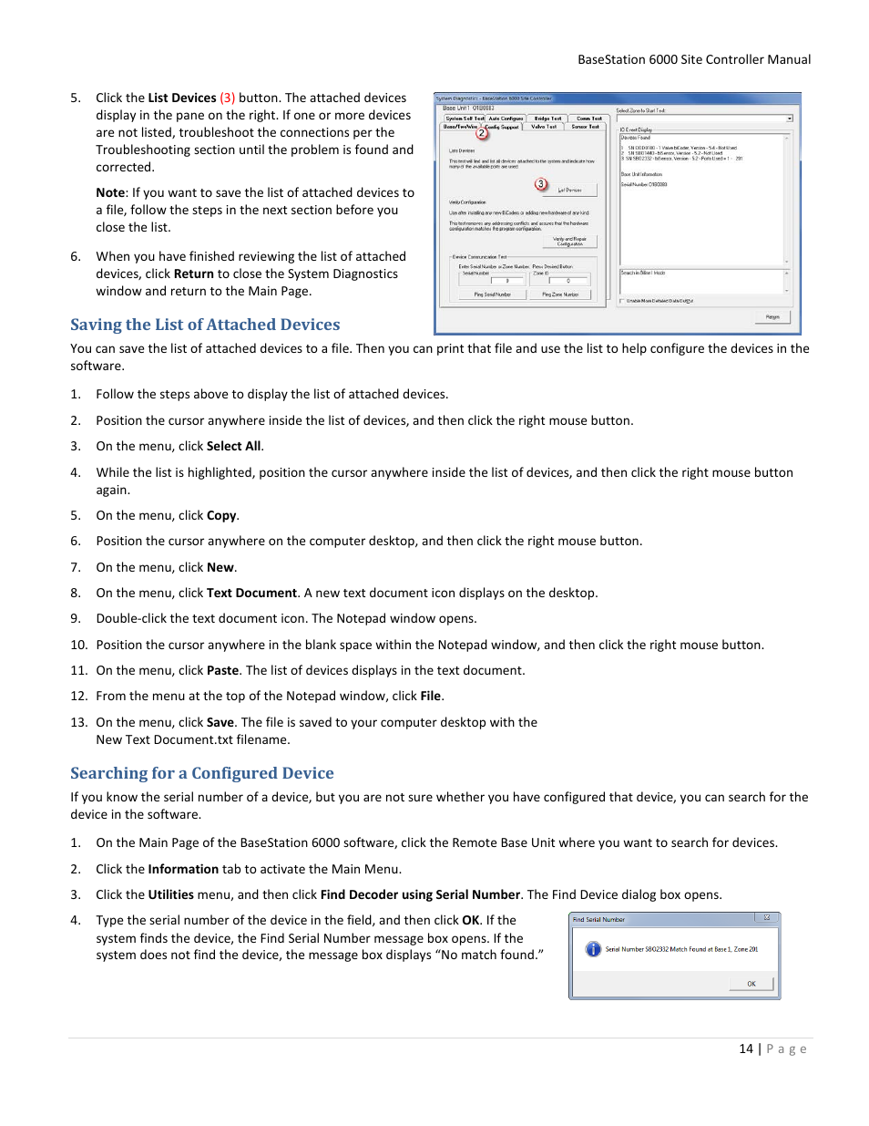 Saving the list of attached devices, Searching for a configured device | Baseline Systems BaseStation 6000 User Manual | Page 22 / 131