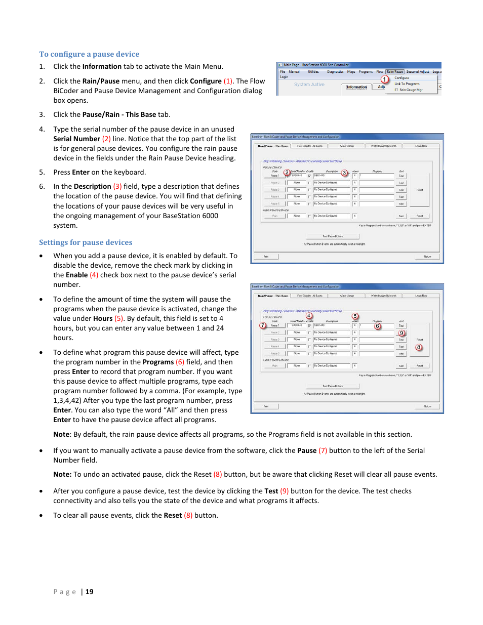 To configure a pause device, Settings for pause devices | Baseline Systems BaseStation 6000 User Manual | Page 27 / 131