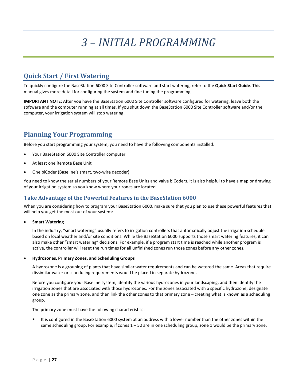 3 – initial programming, Quick start / first watering, Planning your programming | Baseline Systems BaseStation 6000 User Manual | Page 35 / 131