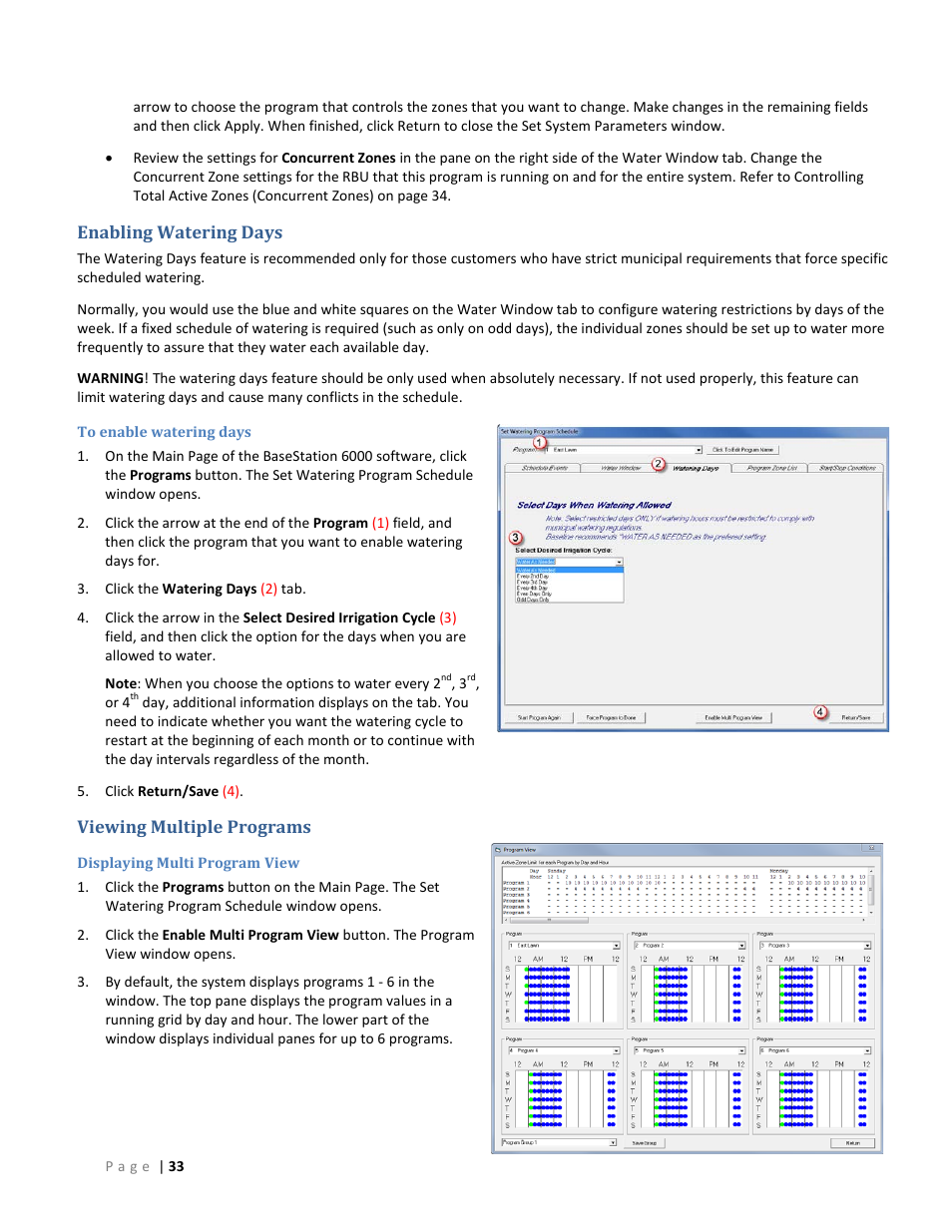 Enabling watering days, To enable watering days, Viewing multiple programs | Displaying multi program view | Baseline Systems BaseStation 6000 User Manual | Page 41 / 131