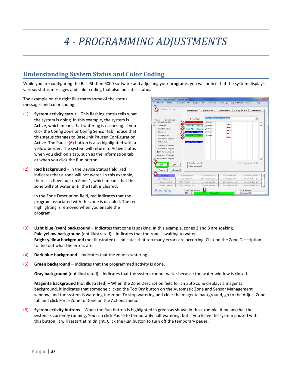 4 - programming adjustments, Understanding system status and color coding, Understanding system status and color coding on | Baseline Systems BaseStation 6000 User Manual | Page 45 / 131