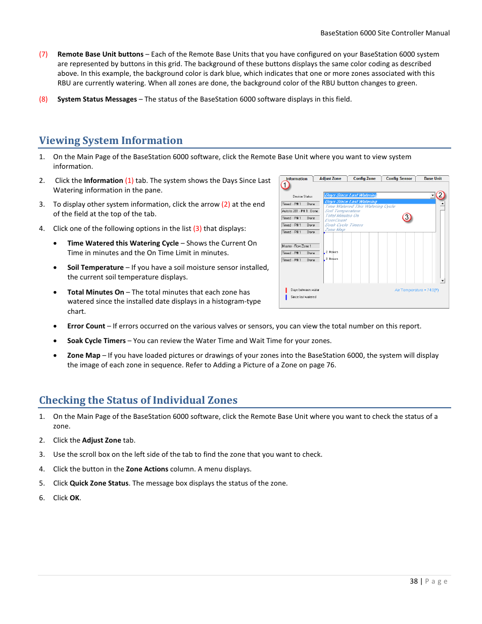 Viewing system information, Checking the status of individual zones | Baseline Systems BaseStation 6000 User Manual | Page 46 / 131