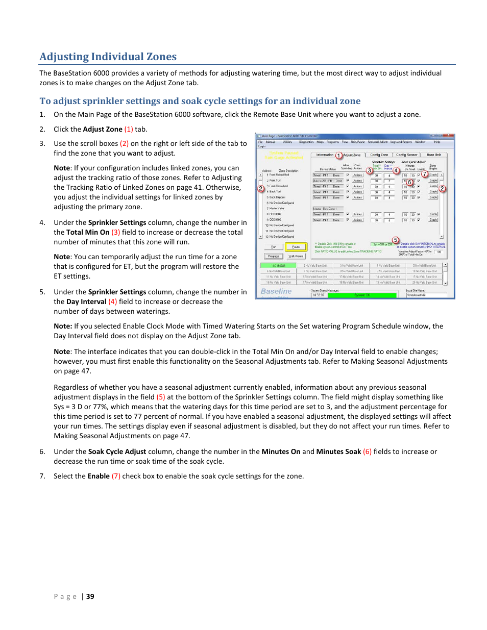 Adjusting individual zones, O adjusting individual, Zones on | E 39 | Baseline Systems BaseStation 6000 User Manual | Page 47 / 131