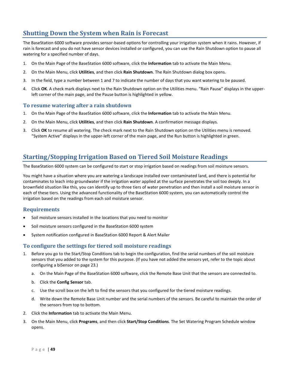 Shutting down the system when rain is forecast, To resume watering after a rain shutdown, Requirements | Readings on | Baseline Systems BaseStation 6000 User Manual | Page 57 / 131