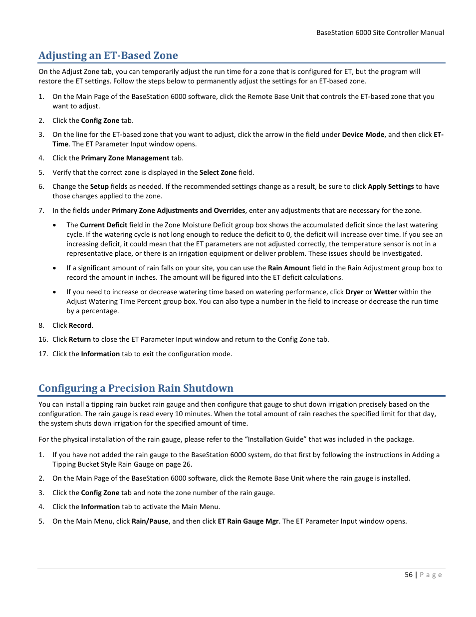 Adjusting an et-based zone, Configuring a precision rain shutdown | Baseline Systems BaseStation 6000 User Manual | Page 64 / 131