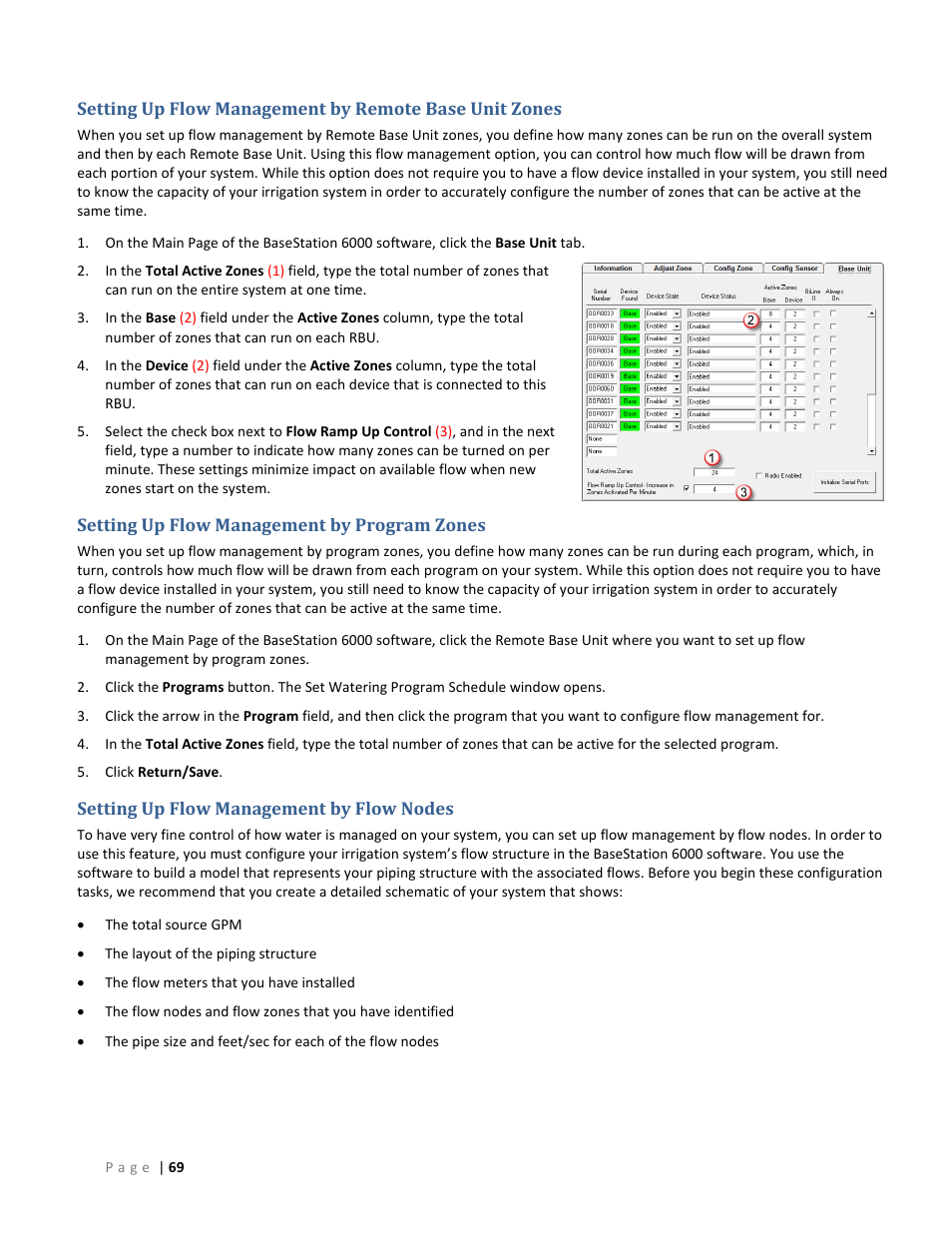 Setting up flow management by program zones, Setting up flow management by flow nodes | Baseline Systems BaseStation 6000 User Manual | Page 77 / 131