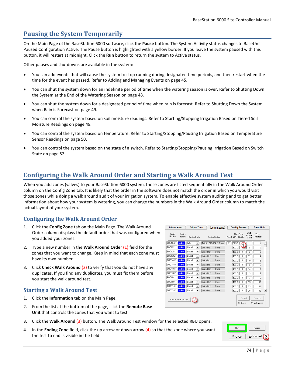 Pausing the system temporarily, Configuring the walk around order, Starting a walk around test | Baseline Systems BaseStation 6000 User Manual | Page 82 / 131