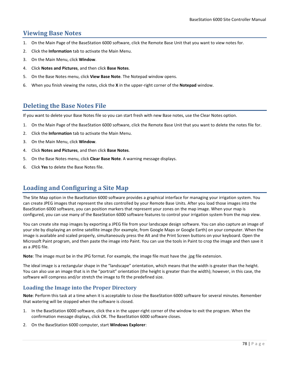 Viewing base notes, Deleting the base notes file, Loading and configuring a site map | Loading the image into the proper directory | Baseline Systems BaseStation 6000 User Manual | Page 86 / 131