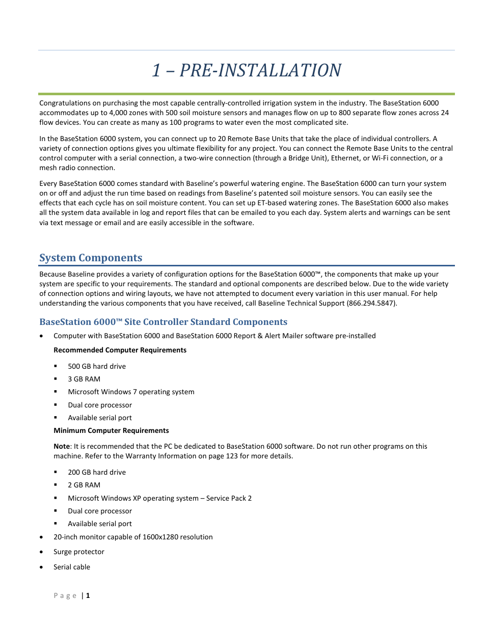 1 – pre-installation, System components | Baseline Systems BaseStation 6000 User Manual | Page 9 / 131