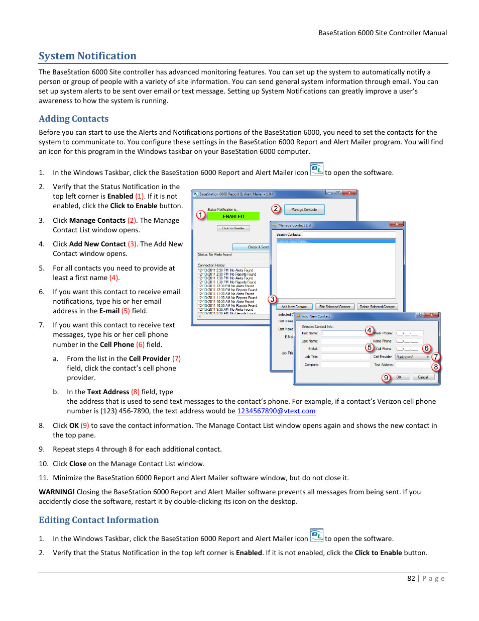 System notification, Adding contacts, Editing contact information | System notification on | Baseline Systems BaseStation 6000 User Manual | Page 90 / 131