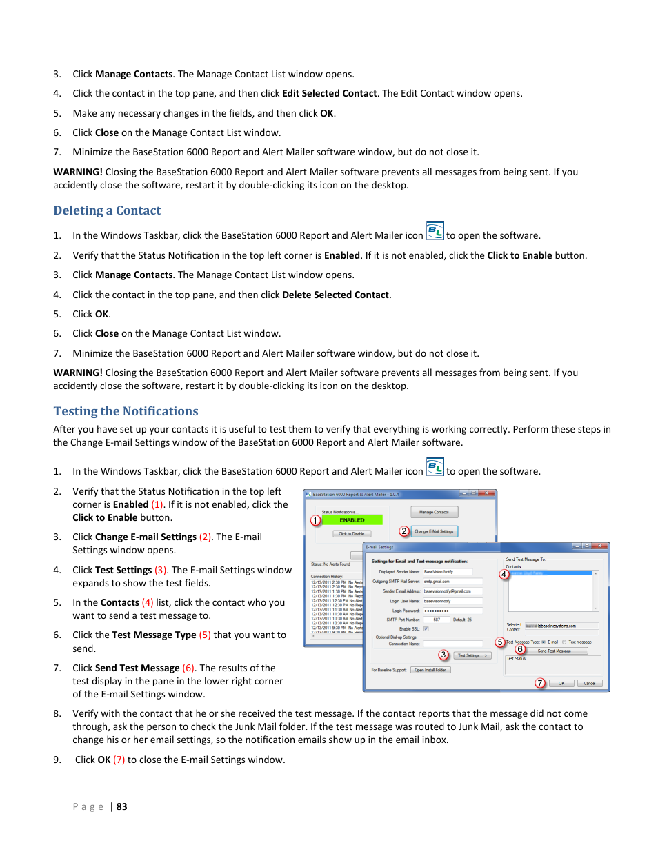 Deleting a contact, Testing the notifications | Baseline Systems BaseStation 6000 User Manual | Page 91 / 131