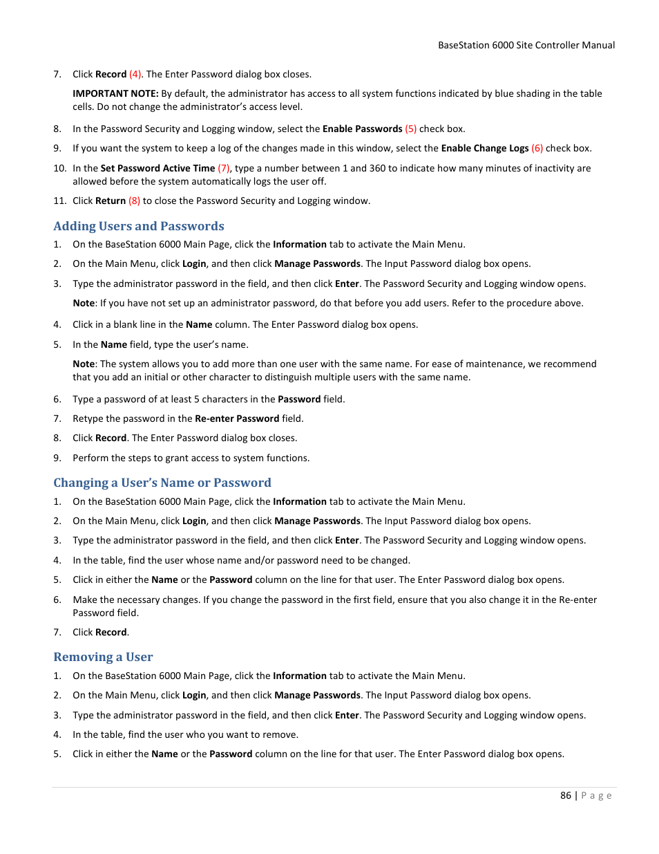 Adding users and passwords, Changing a user’s name or password, Removing a user | Baseline Systems BaseStation 6000 User Manual | Page 94 / 131