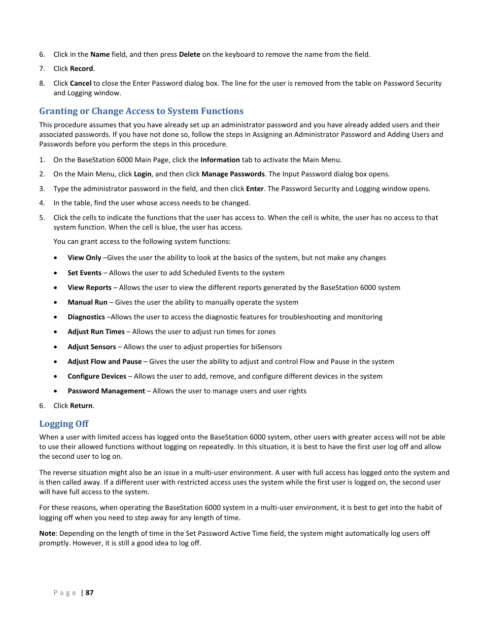 Granting or change access to system functions, Logging off | Baseline Systems BaseStation 6000 User Manual | Page 95 / 131