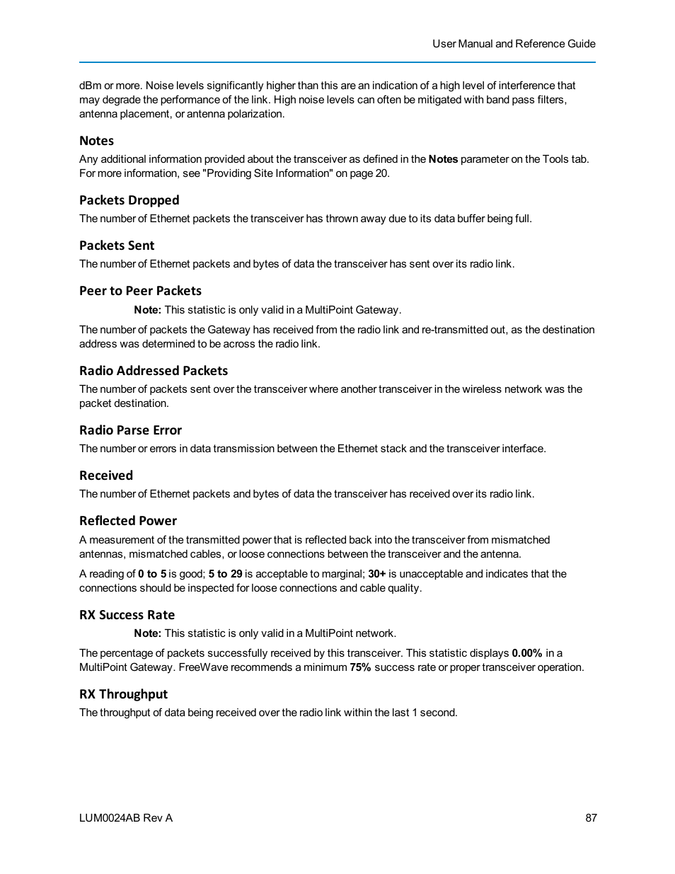 Notes, Packets dropped, Packets sent | Peer to peer packets, Radio addressed packets, Radio parse error, Received, Reflected power, Rx success rate, Rx throughput | Baseline Systems FreeWave Ethernet Radio User Manual | Page 103 / 160