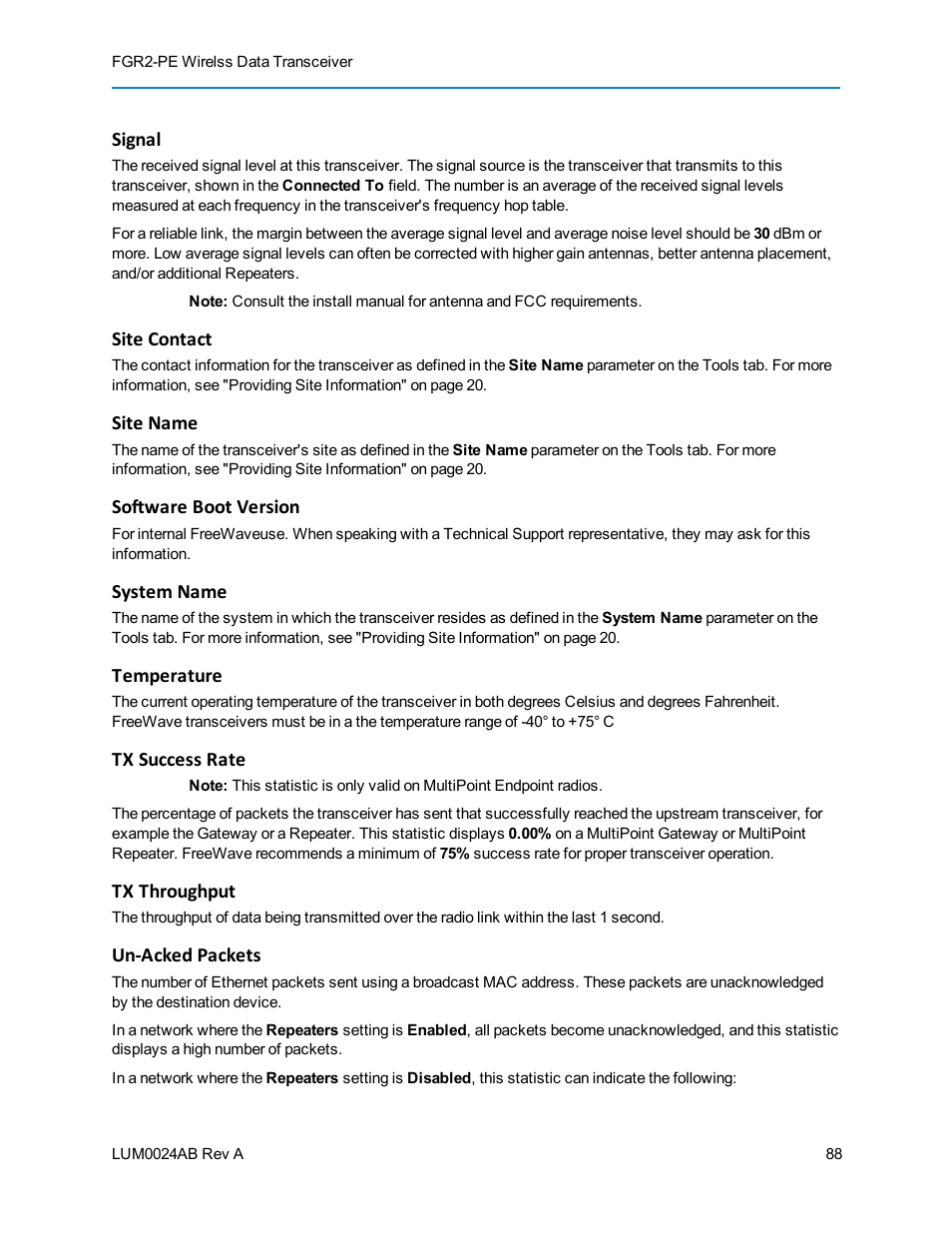 Signal, Site contact, Site name | Software boot version, System name, Temperature, Tx success rate, Tx throughput, Un-acked packets | Baseline Systems FreeWave Ethernet Radio User Manual | Page 104 / 160
