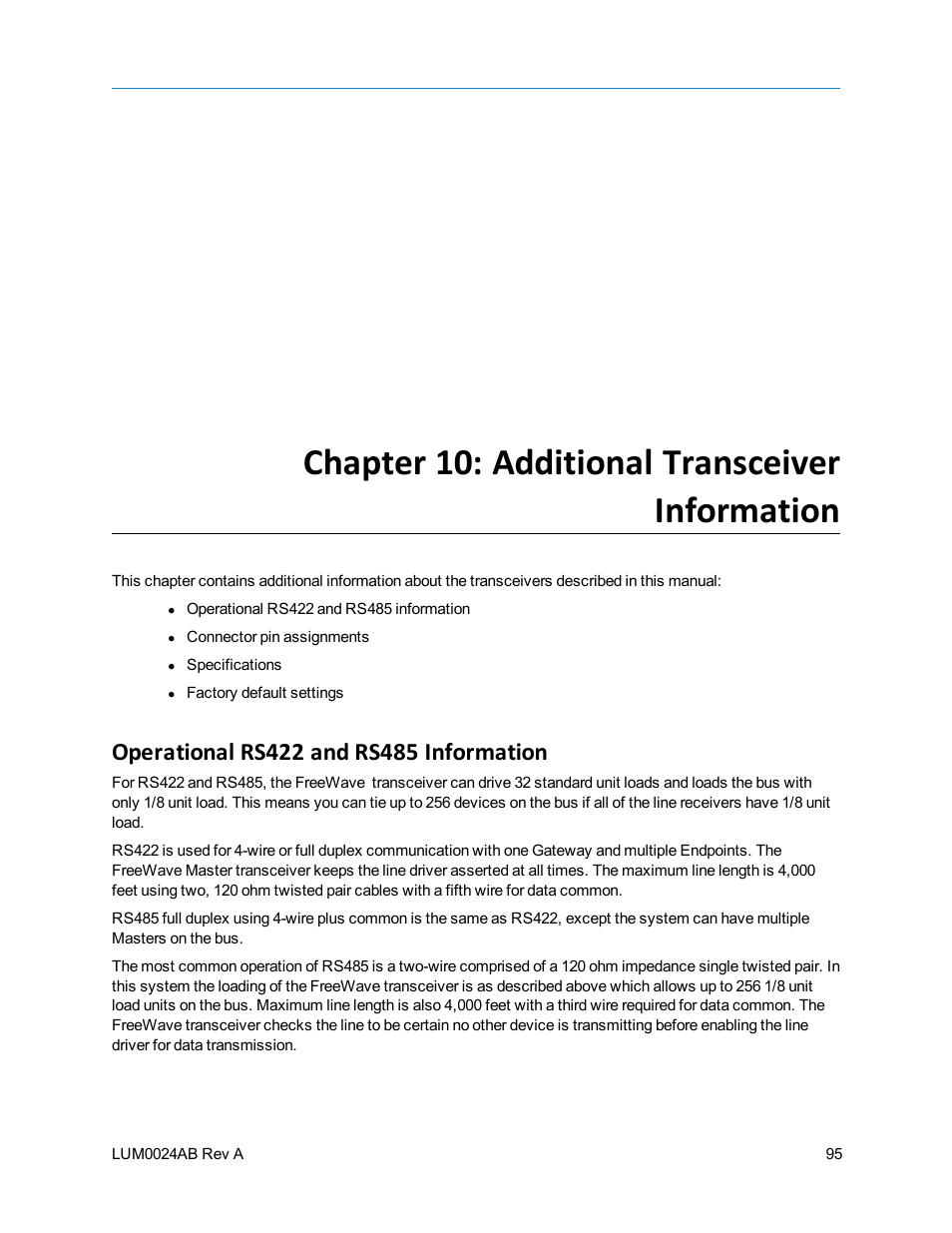 Chapter 10: additional transceiver information, Operational rs422 and rs485 information | Baseline Systems FreeWave Ethernet Radio User Manual | Page 111 / 160