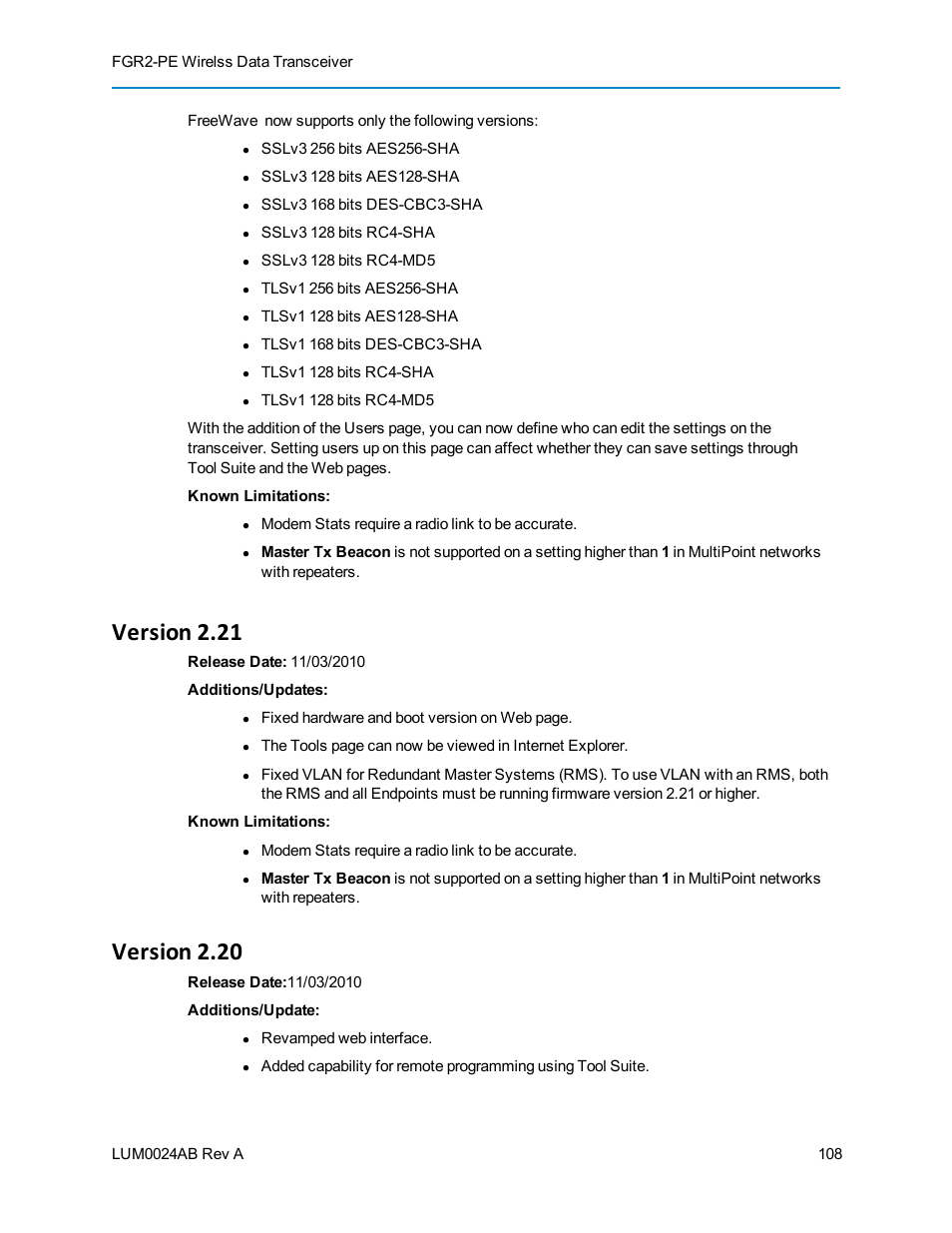 Version 2.21, Version 2.20 | Baseline Systems FreeWave Ethernet Radio User Manual | Page 124 / 160