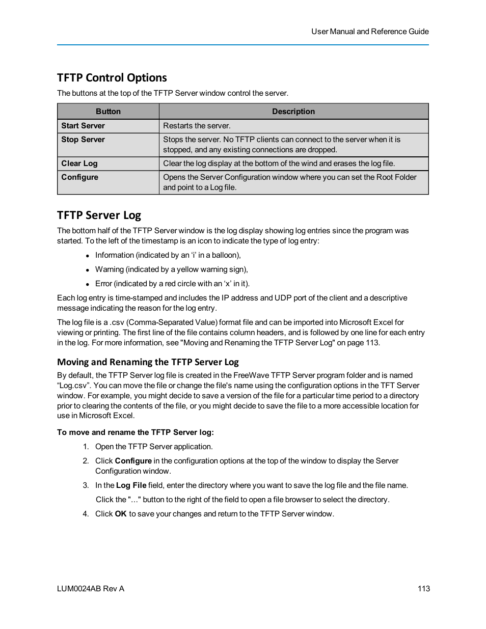 Tftp control options, Tftp server log, Moving and renaming the tftp server log | Baseline Systems FreeWave Ethernet Radio User Manual | Page 129 / 160