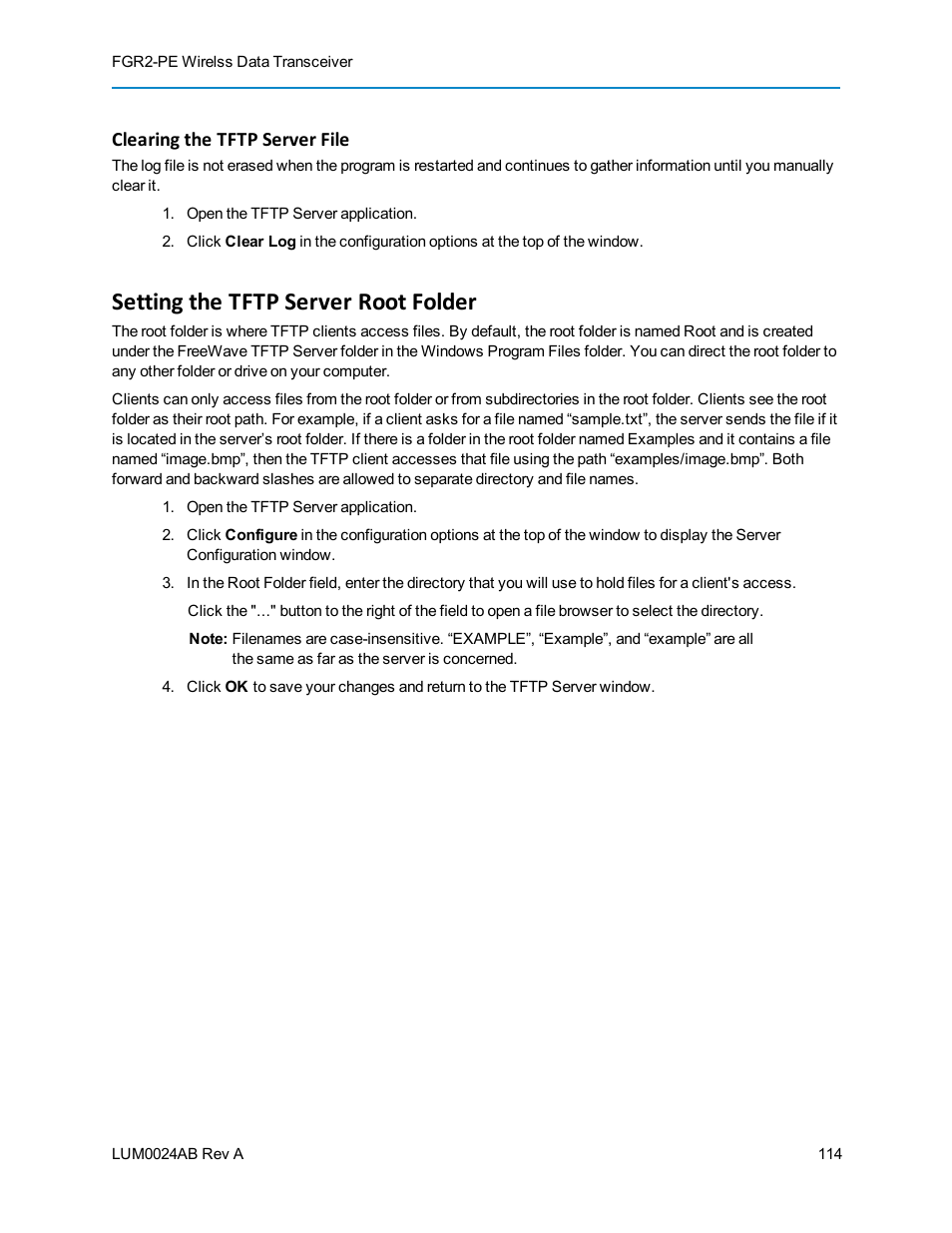 Clearing the tftp server file, Setting the tftp server root folder | Baseline Systems FreeWave Ethernet Radio User Manual | Page 130 / 160