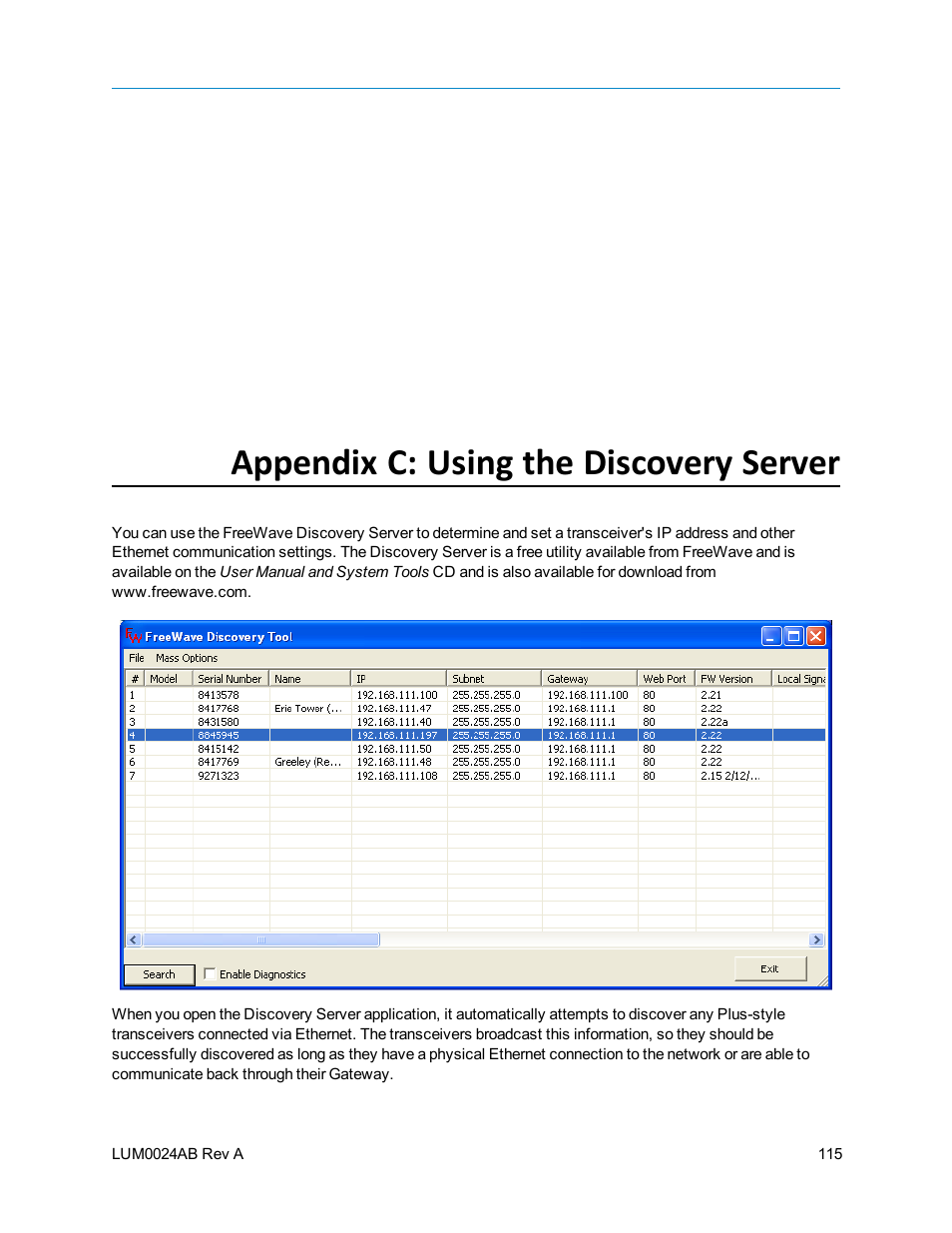 Appendix c: using the discovery server | Baseline Systems FreeWave Ethernet Radio User Manual | Page 131 / 160