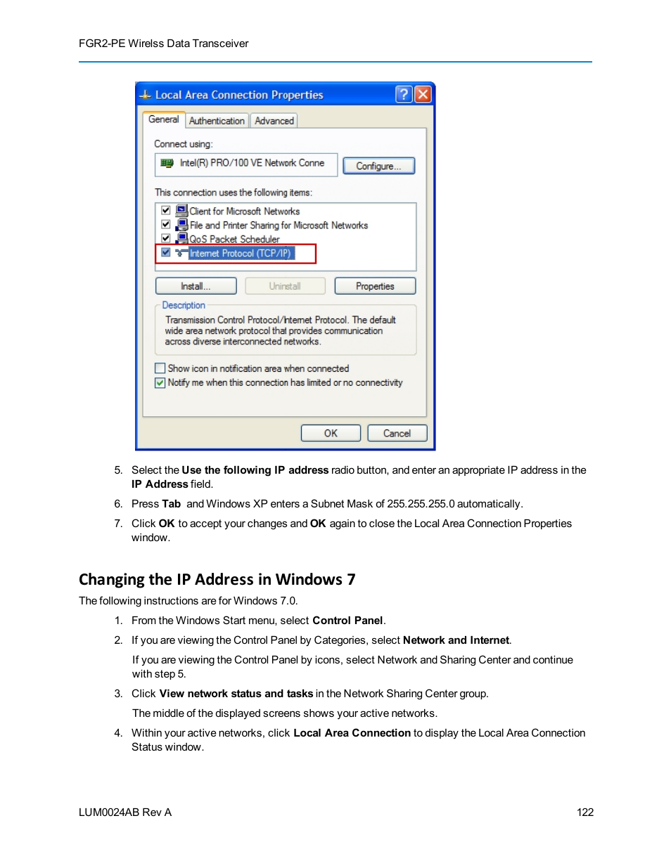 Changing the ip address in windows 7 | Baseline Systems FreeWave Ethernet Radio User Manual | Page 138 / 160